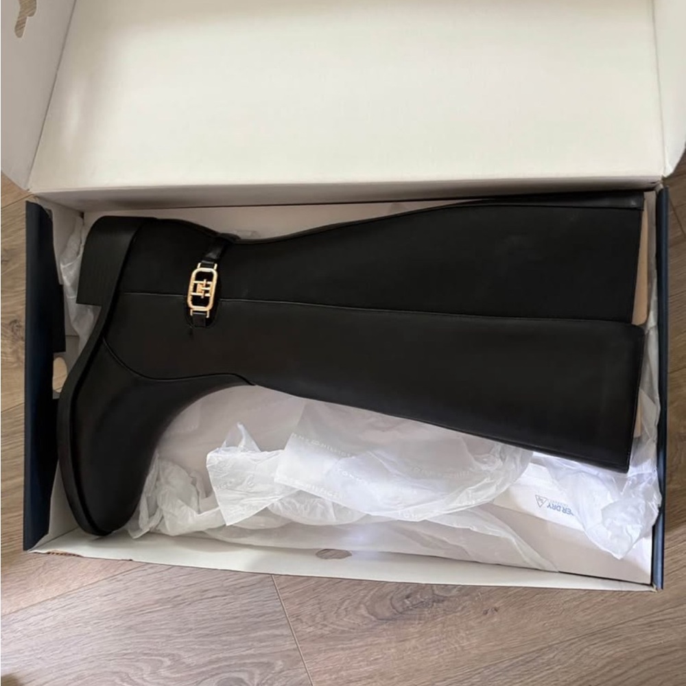 Tommy Hilfiger Black Knee-High Boots with Gold Buckle